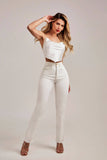 Calça Jeans Modeladora Off White Reta Cós Alto