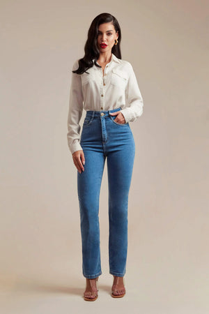 Calça Jeans Reta Clássica Cintura Super Alta 99% Algodão