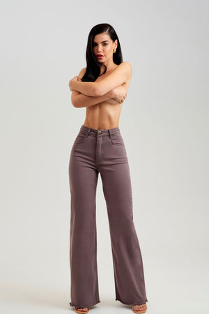 Calça Jeans Modeladora Wide Leg Cós Super Alto Violeta