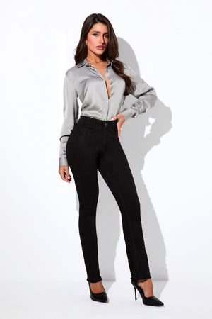 Calça Jeans Reta Preta Cintura Média Barra Desfiada Preto Intenso