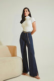 Calça Jeans Modeladora Wide Leg Com Fenda Azul Marinho