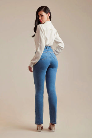 Calça Jeans Reta Clássica Cintura Super Alta 99% Algodão
