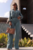 Calça Jeans Modeladora Wide Leg Com Fenda Verde Malva Cós Super Alto