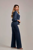 Calça Jeans Modeladora Wide Leg Com Fenda Azul Marinho