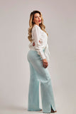 Calça Jeans Modeladora Wide Leg com Fenda Aqua