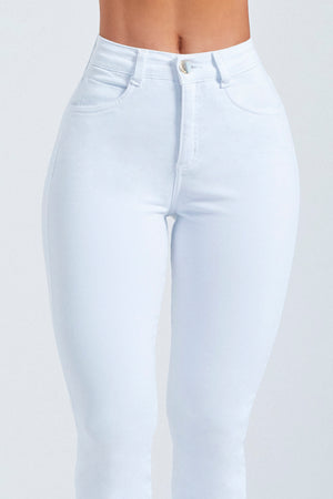 Calça Jeans Modeladora Milagrosa Reta Cós Alto Barra Desfiada Branca