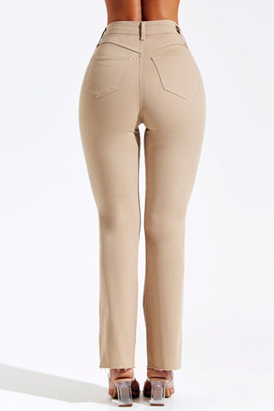 Calça Jeans Modeladora Reta Cós Alto Barra Corte a Laser Nude