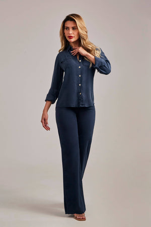 Calça Jeans Modeladora Wide Leg Com Fenda Azul Marinho Cós Super Alto