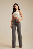 Calça Jeans Modeladora Wide Leg com Fenda Cinza