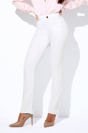 Calça Jeans Reta Milagrosa Cintura Alta Barra Desfiada Branca que Não Marca