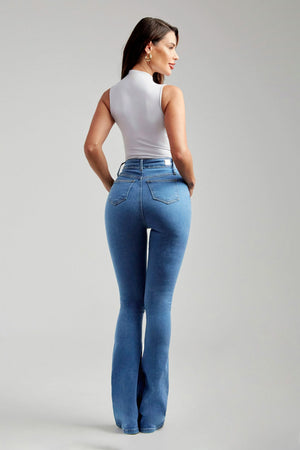 Calça Jeans Flare Clássica Cós Super Alto 99% Algodão