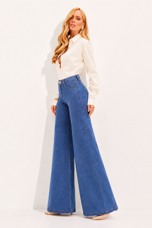 Calça Jeans Pantalona Modeladora Linea Cintura Média