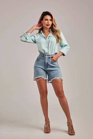 Shorts Jeans Modelador Estonado Claro Destroyed Cós Alto