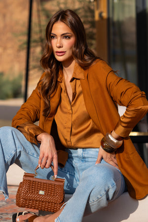Blazer Feminino com Viscose e Linho Essence Ocre
