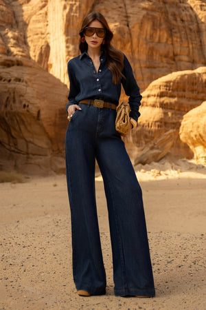 Calça Pantalona de Liocel Aura Jeans Escuro Cintura Super Alta