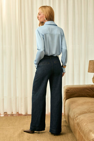 Calça Wide Leg Alfaiataria Jeans Escuro Cintura Super Alta
