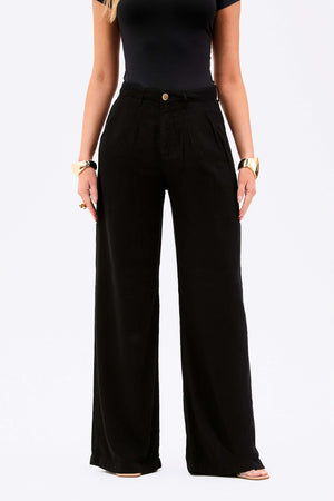 Calça Pantalona de Linho Térmico Estilo Alfaiataria Dunas Preta