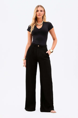 Calça Pantalona de Linho Térmico Estilo Alfaiataria Dunas Preta