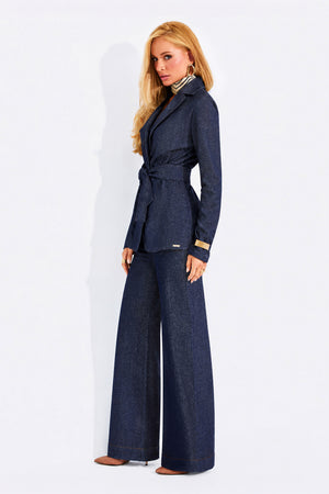 Calça Wide Leg Alfaiataria Jeans Escuro Cintura Super Alta