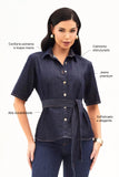 Camisa Jeans Manga Curta com Cinto Faixa Removível Jeans Escuro