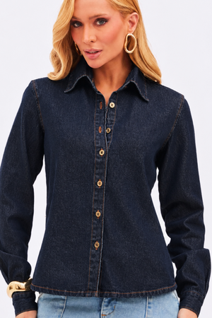 Camisa Jeans Escura Feminina 100% Algodão