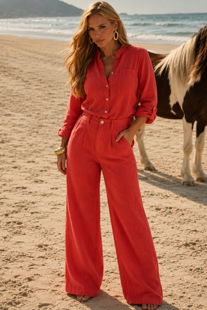 Camisa Feminina de Linho Dunas Vermelha Vibrante