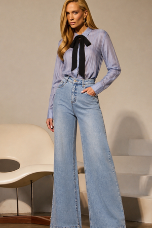 Calça Jeans Pantalona Basic Cintura Super Alta Clara