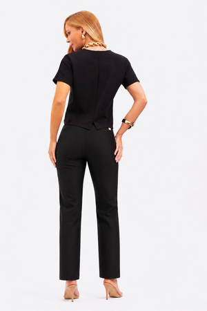 Calça Reta Modeladora Glam Cós Alto Preta QUE NÃO AMASSA