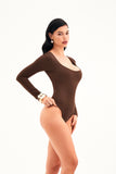 Body Manga Longa Decote Quadrado Curve Dupla Face Coffee com Nude