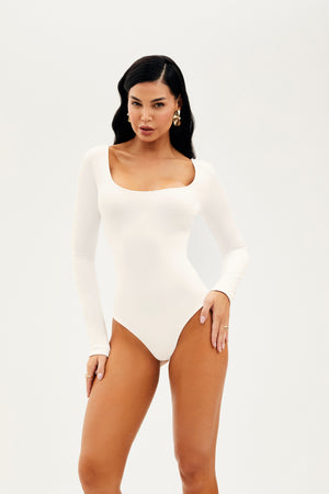 Body Manga Longa Decote Quadrado Curve Dupla Face Verde com Off White