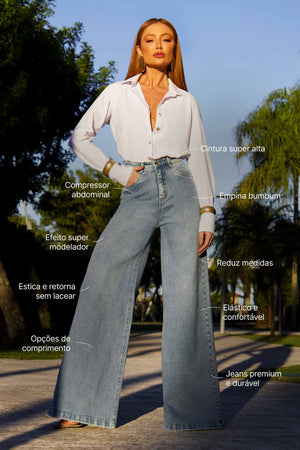 Calça Jeans Modeladora Basic Pantalona Jeans Claro Cós Super Alto