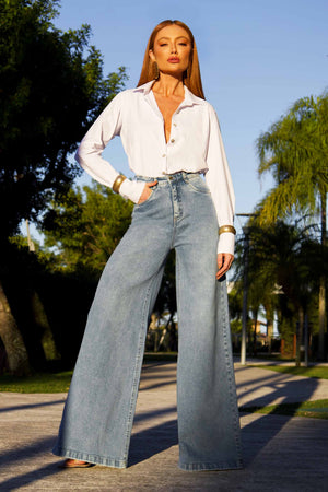 Calça Jeans Modeladora Basic Pantalona Jeans Claro Cós Super Alto