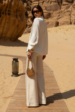 Calça Pantalona Modeladora Glam Cós Alto Off White QUE NÃO AMASSA