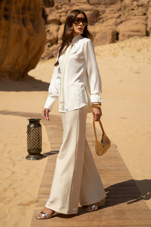 Calça Pantalona Modeladora Glam Cós Alto Off White QUE NÃO AMASSA