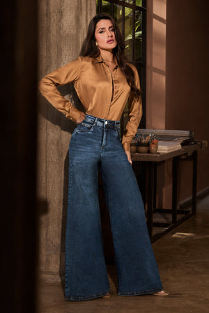 Calça Jeans Pantalona Modeladora Essencial Cintura Alta
