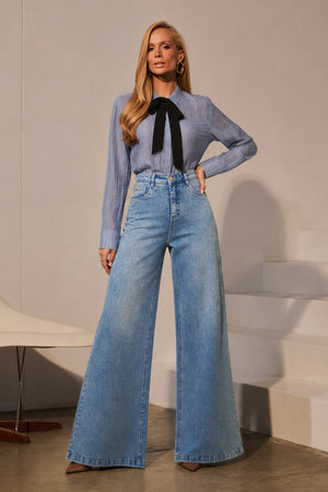 Calça Jeans Pantalona Basic Cintura Super Alta Clara