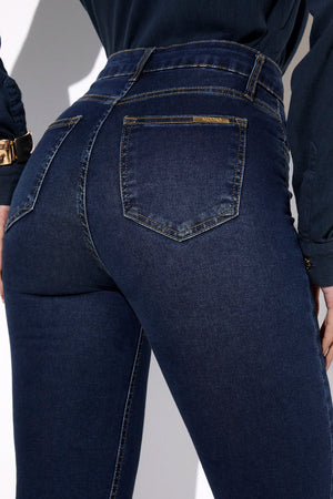 Calça Jeans Reta Modeladora Curva dos Sonhos Cintura Média Escura