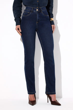Calça Jeans Reta Modeladora Curva dos Sonhos Cintura Média Escura