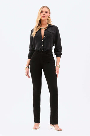 Calça Jeans Modeladora Reta Preto Intenso Cós Médio