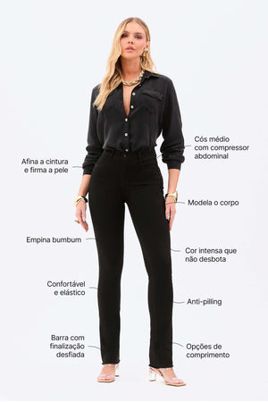 Calça Jeans Modeladora Reta Preto Intenso Cós Médio