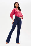Calça Jeans Modeladora Revolucionária Escura Flare Cós Super Alto