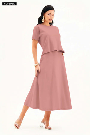Saia Midi Evasê Comfort Office Rosé