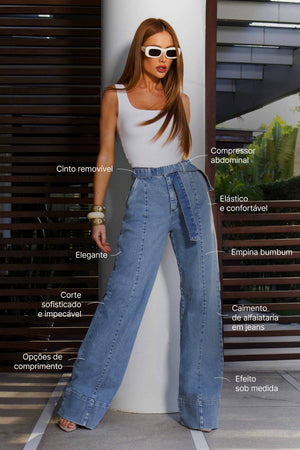 Calça Jeans de Rica Tecnológica Wide Leg Basic Cós Super Alto