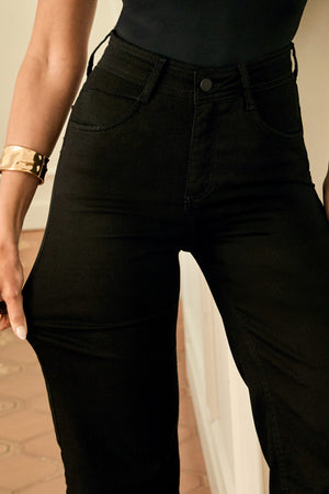 Calça Jeans Wide Leg Preta Cintura Média Preto Intenso