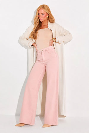 Calça Jeans Wide Leg Modeladora Cintura Super Alta Barra Desfiada Rosa