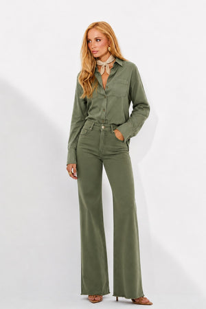 Calça Jeans Wide Leg Modeladora Cintura Super Alta Barra Desfiada Verde