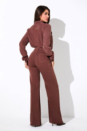 Calça Jeans Wide Leg Modeladora Cintura Super Alta com Barra Desfiada Coffee