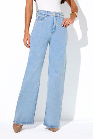 Calça Jeans Wide Leg Basic Cintura Super Alta Barra Tradicional Clara