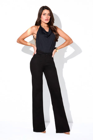 Calça Jeans Wide Leg Preta Cintura Média Preto Intenso