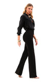 Calça Jeans Modeladora Wide Leg Preto Intenso Cós Médio Barra Tradicional
